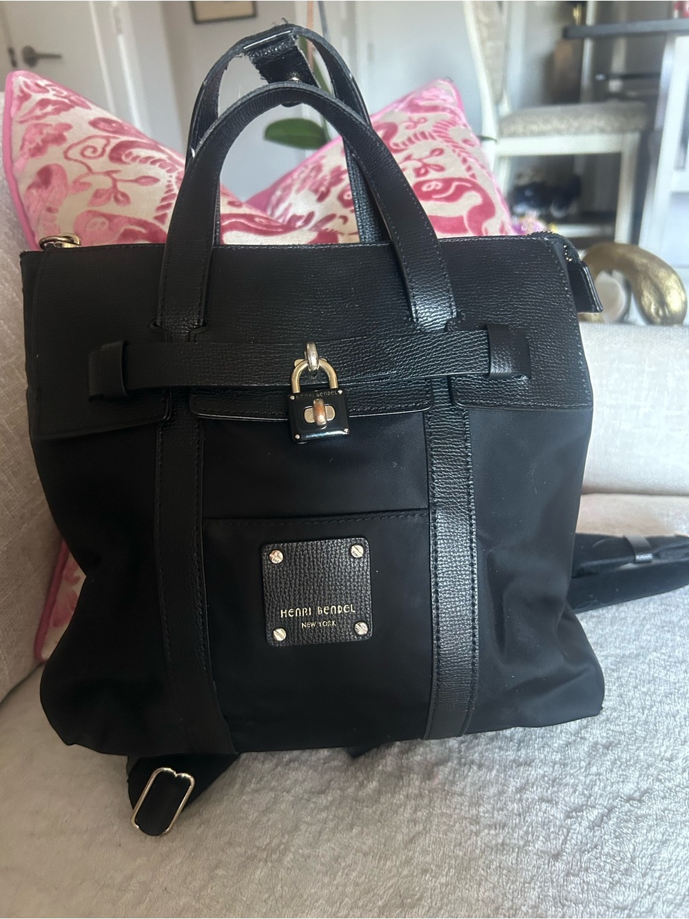 Henri Bendel Black Jetsetter Nylon & Leather Backpack Tote